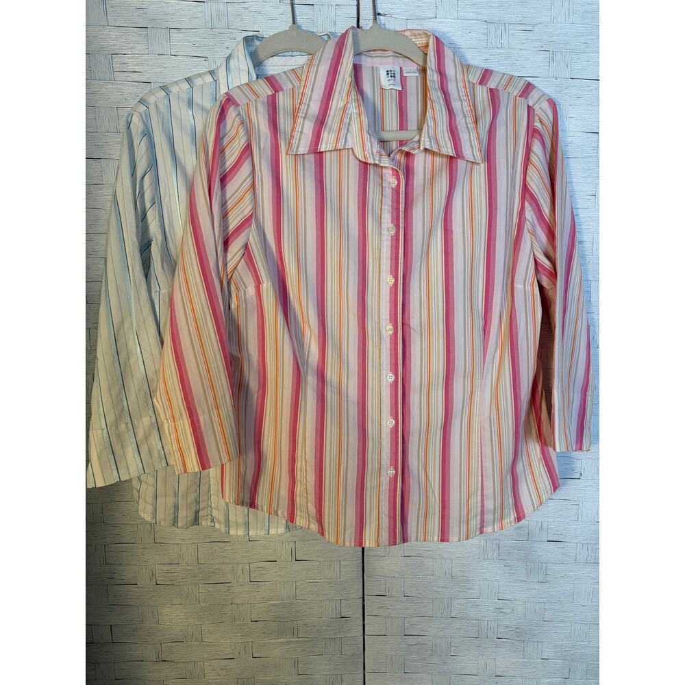 Apt.9 Womens Blouse Button Up Striped Fitted 3/4 Sleeve Feminine office normcore